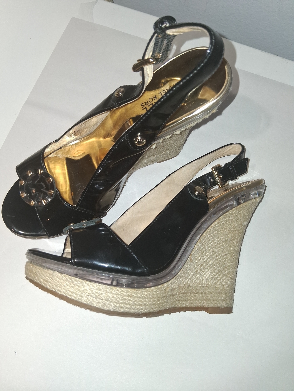 Michael Kors Black Patent Espadrille Wedge Sandals